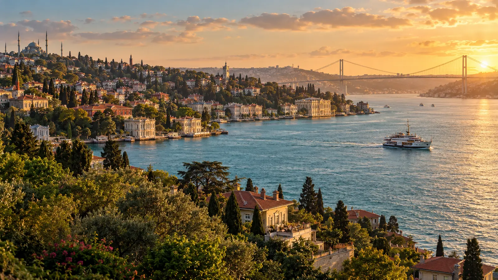 AI editorial illustration of the Bosphorus at sunset
